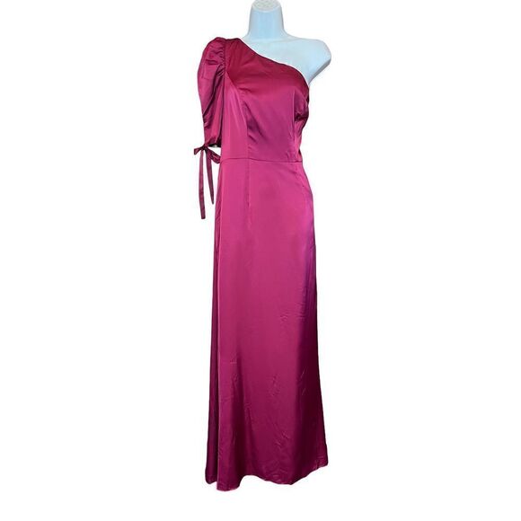 Ieena for Mac Duggal SATIN ONE SHOULDER PUFF SLEEVE TRUMPET GOWN in Dark Red NWT - Picture 1 of 5
